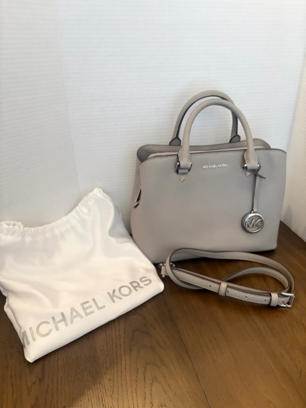 Michael Kors Light Gray Leather Satchel with MK Charm